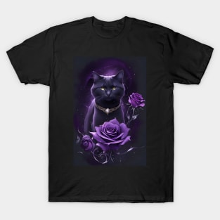 Mystical Purple Black Cat With Diamonds and Roses T-Shirt